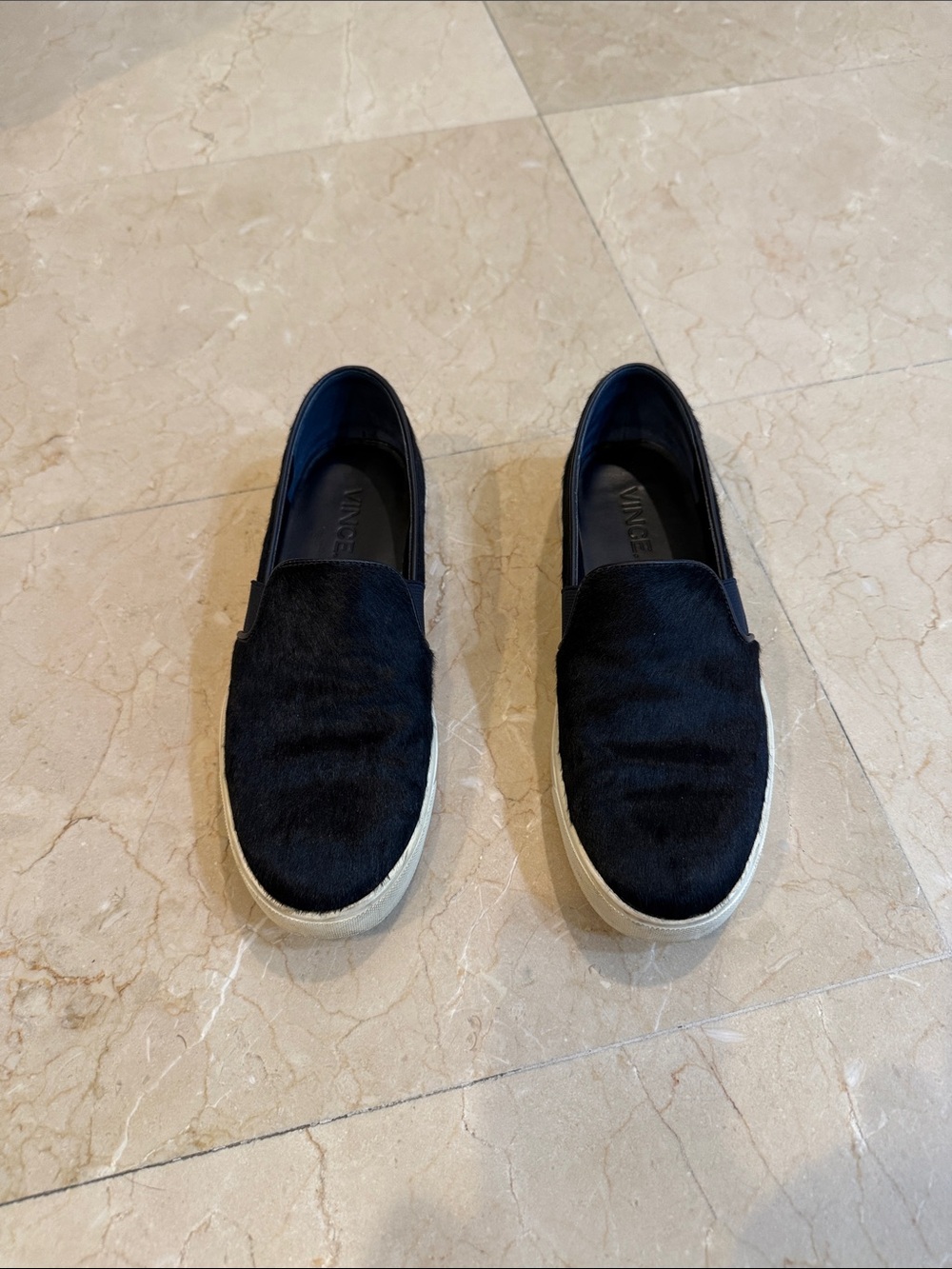 Vince Black Pony-Hair Slip-On Sneakers with White Sole